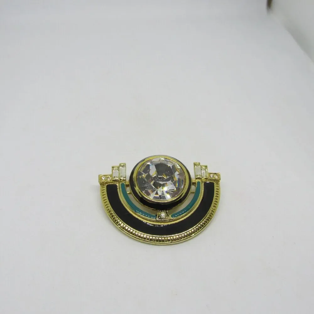 Vtg 1980s Art Deco Revival Brooch Black Teal Enamel Geometric Fan Rhinestone Pin